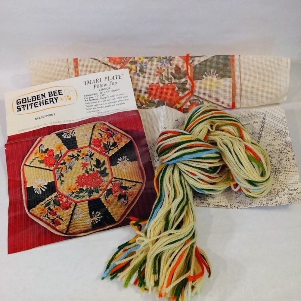Golden Bee Stitchery Imari Plate Needlepoint Pillow Top Kit 79-NO1 Vintage 1978